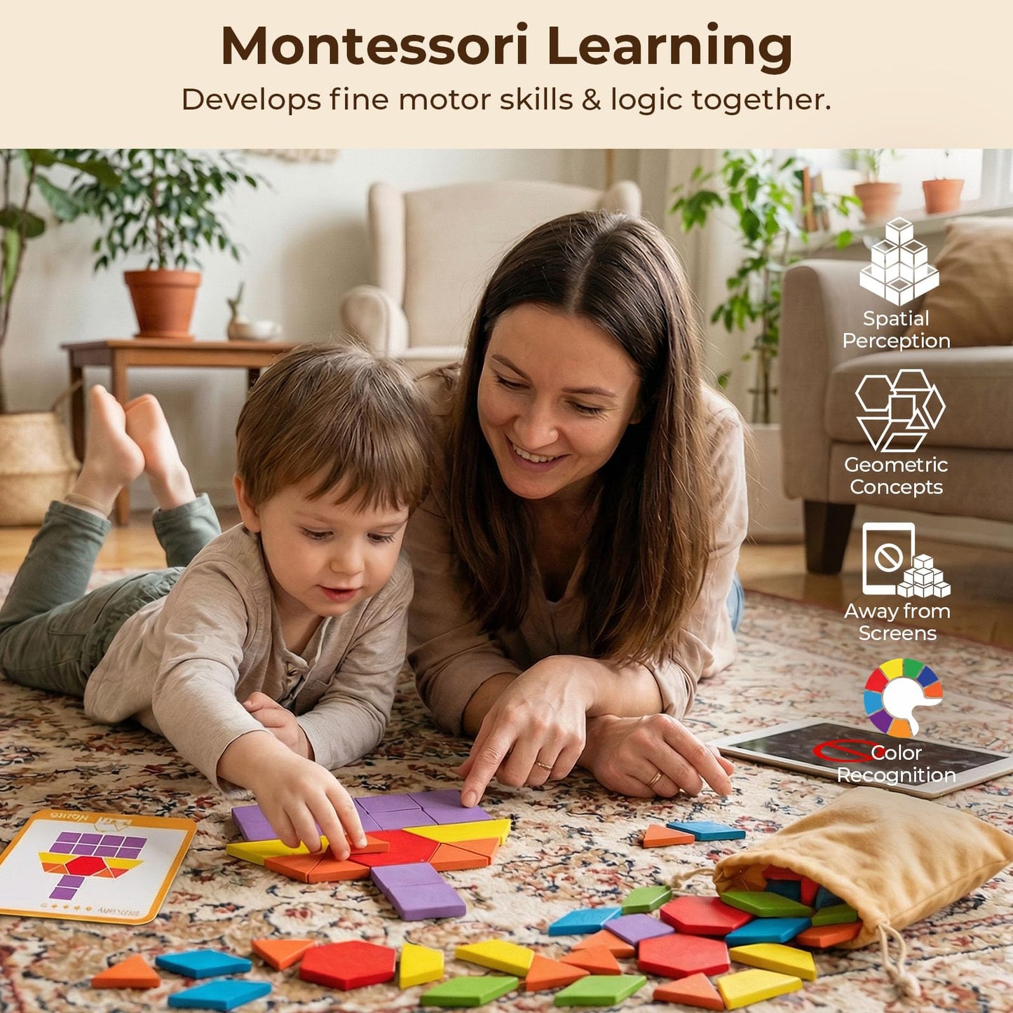 LovesTown 209-Piece Shapes Wooden Pattern Blocks for Kids | Educational Tangram Set