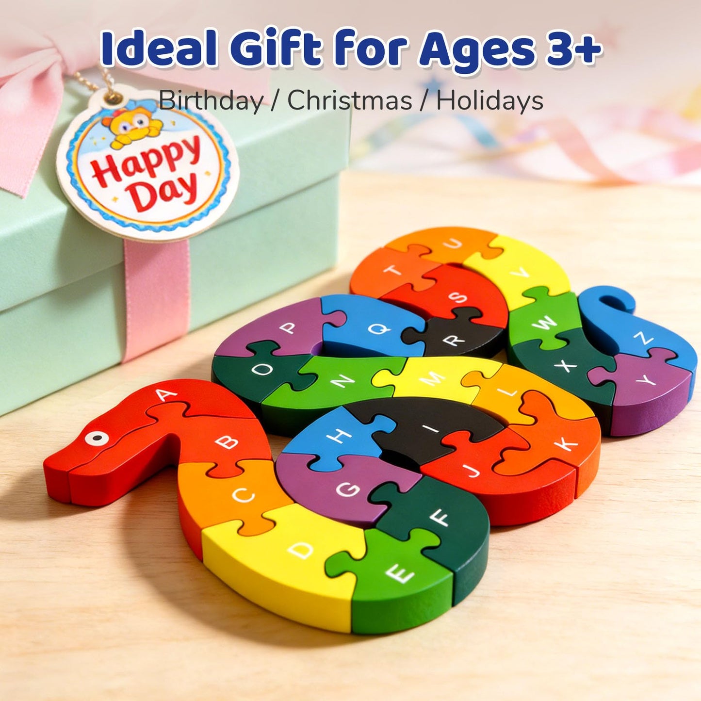 LovesTown Double-Sided Wooden Snake Puzzle — Alphabet & Numbers for Toddlers | Montessori Gift