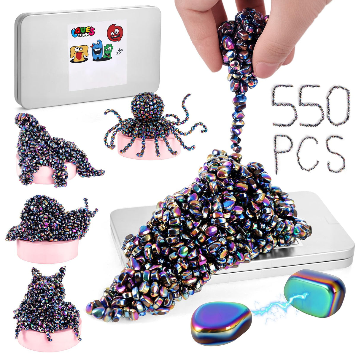 LovesTown 550PCS Ferrite Putty Stones – Rainbow Fidget Beads & Office Desk Toys