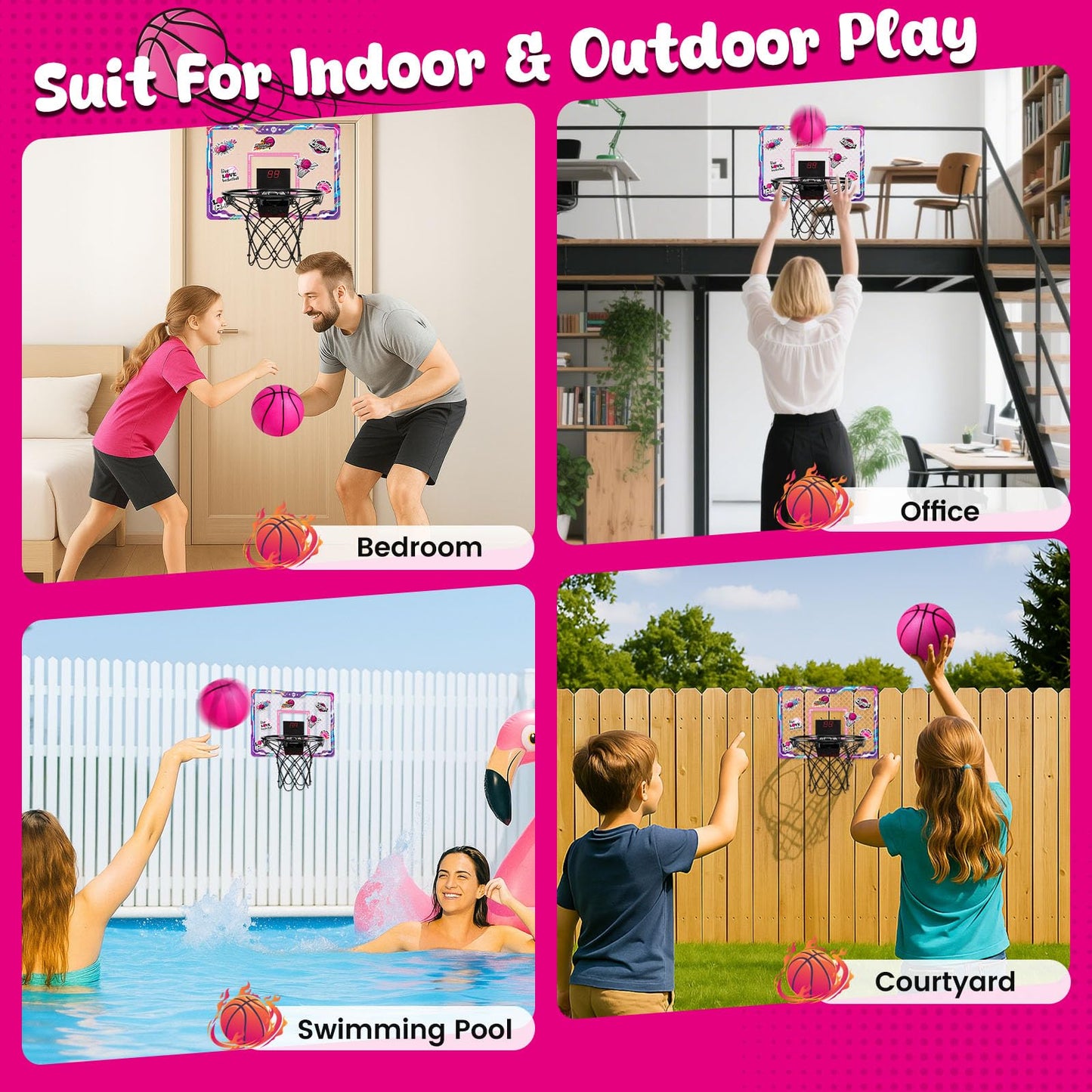 LovesTown Pink Indoor Mini Basketball Hoop – Over-the-Door with LED Lights & Scoreboard