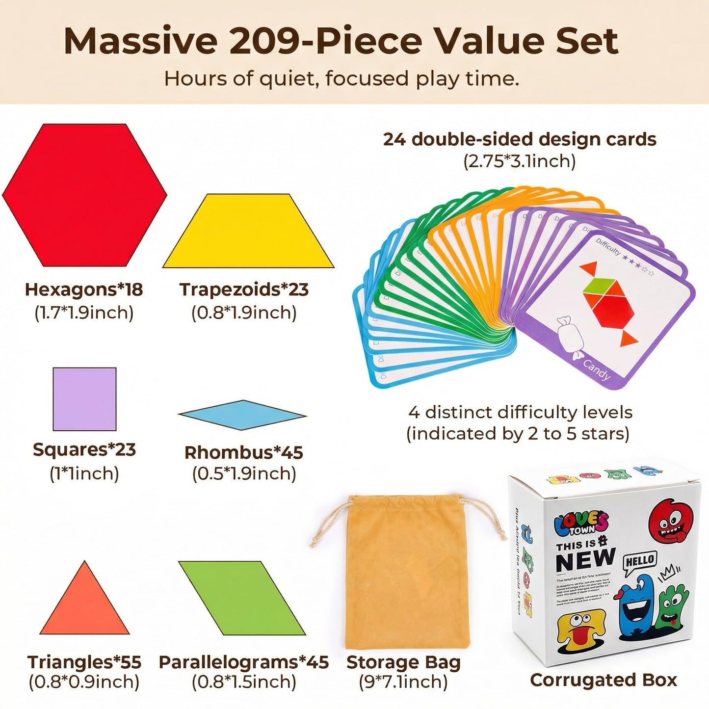 LovesTown 209-Piece Shapes Wooden Pattern Blocks for Kids | Educational Tangram Set