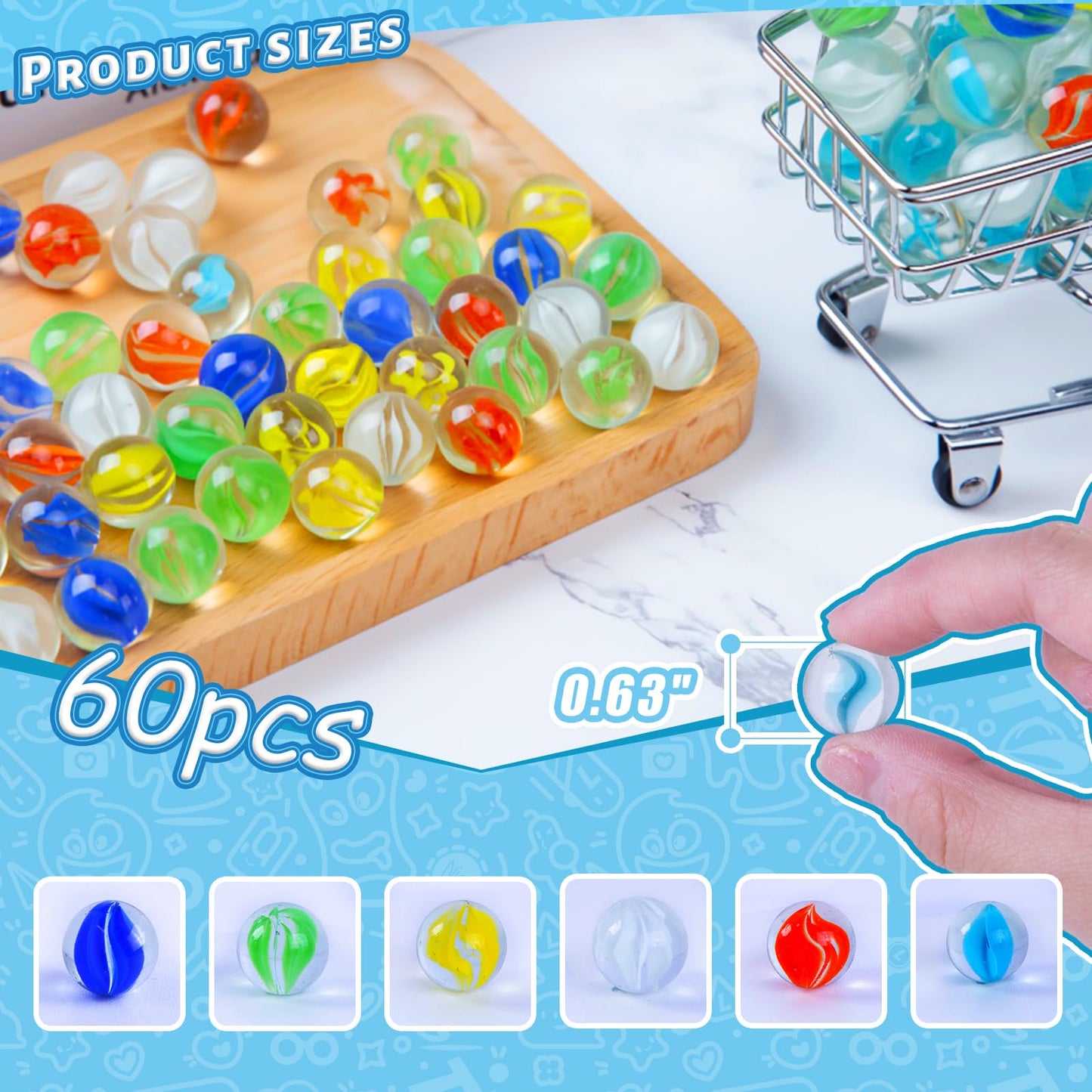 LovesTown 60PCS Glass Marbles Bulk — Cat-Eye Styles for Kids' Games & Home Decor