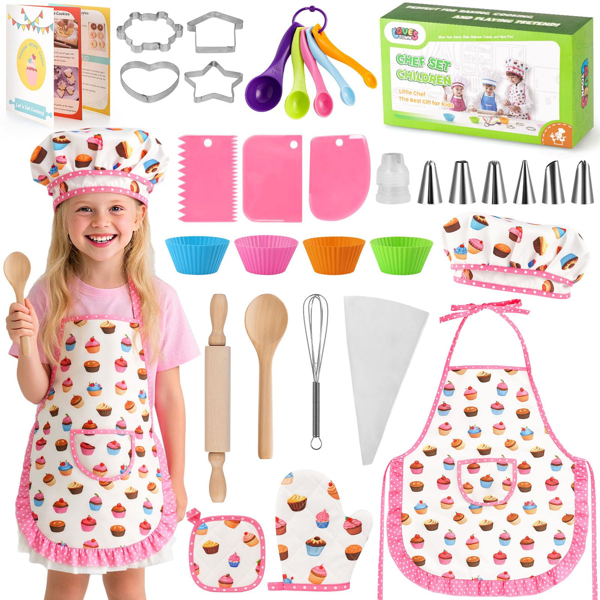 LovesTown Kids Cooking & Baking Set – 32Pcs Chef Hat & Apron Gift for Boys & Girls