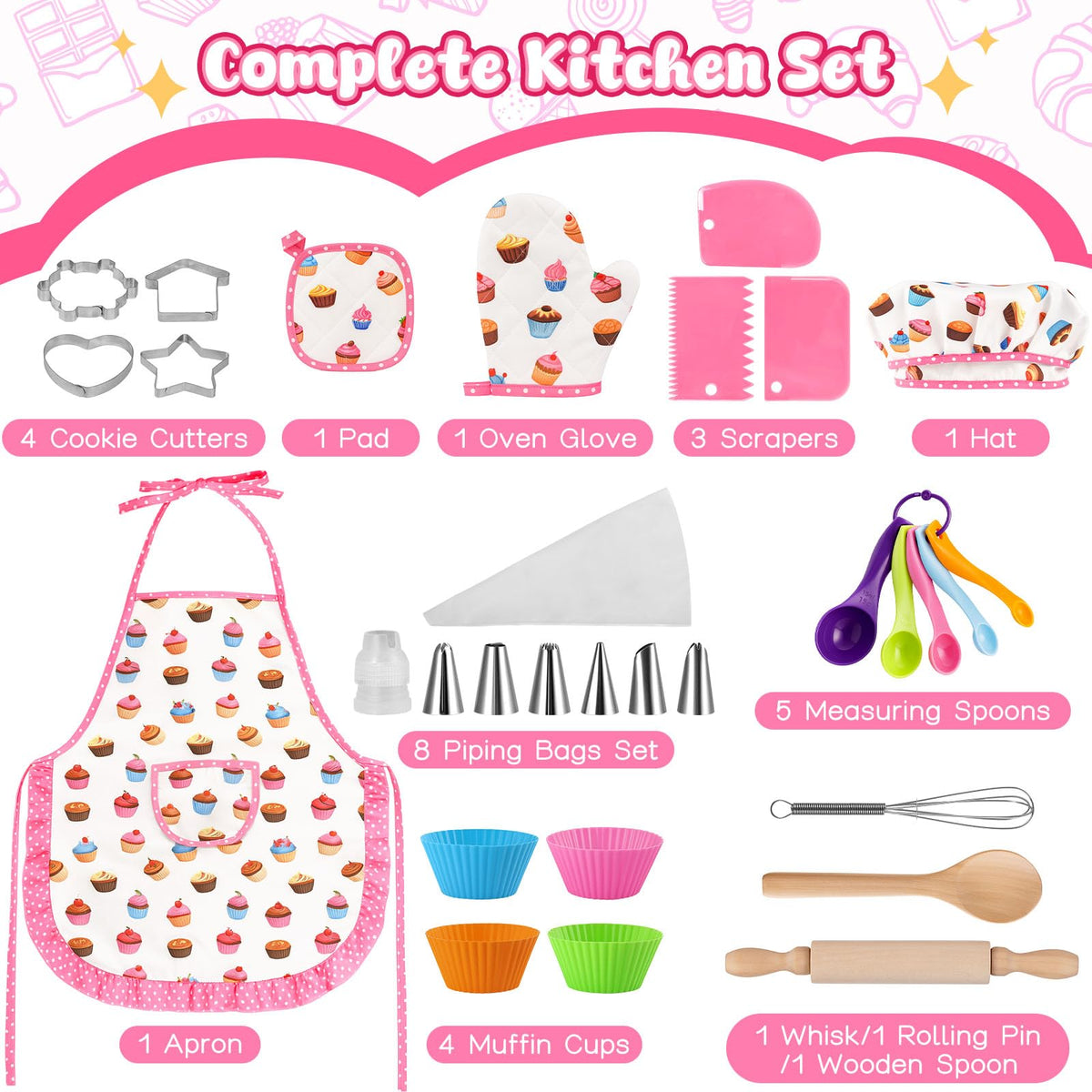 LovesTown Kids Cooking & Baking Set – 32Pcs Chef Hat & Apron Gift for Boys & Girls