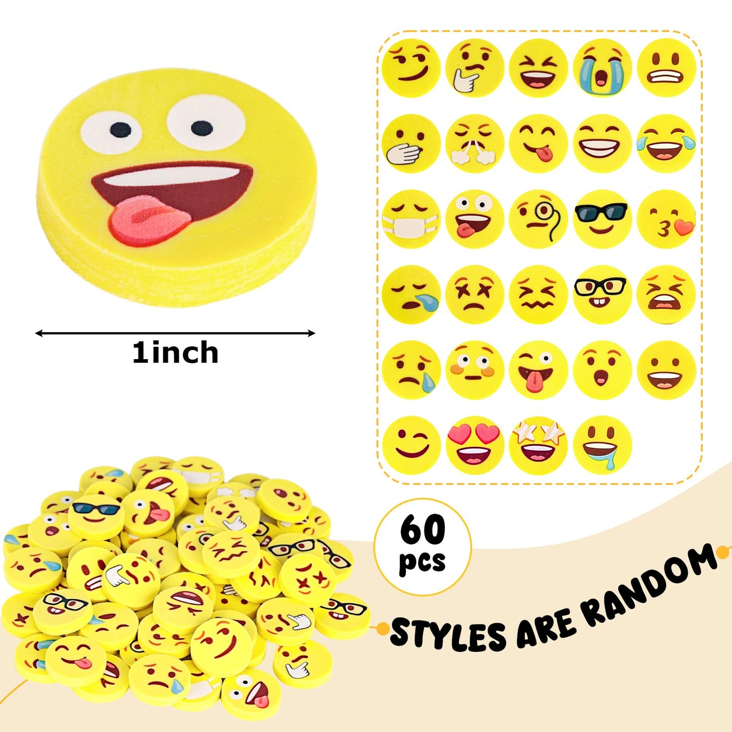 LovesTown Mini Erasers Bulk – 60 Fun Emoticon Erasers for Kids