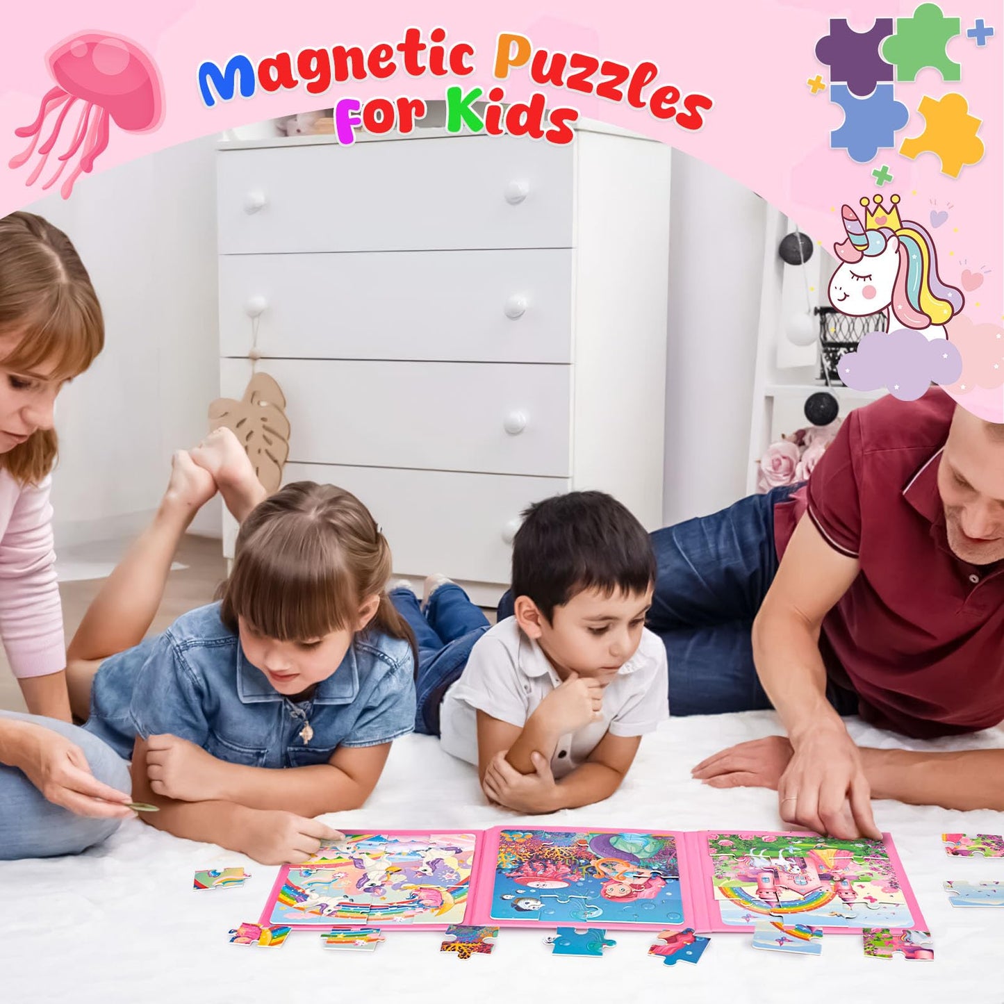 LovesTown Magnetic Puzzles for Toddlers – 3-in-1 Fairytale Travel Puzzle Book, 48 Pieces, Learning Magnets