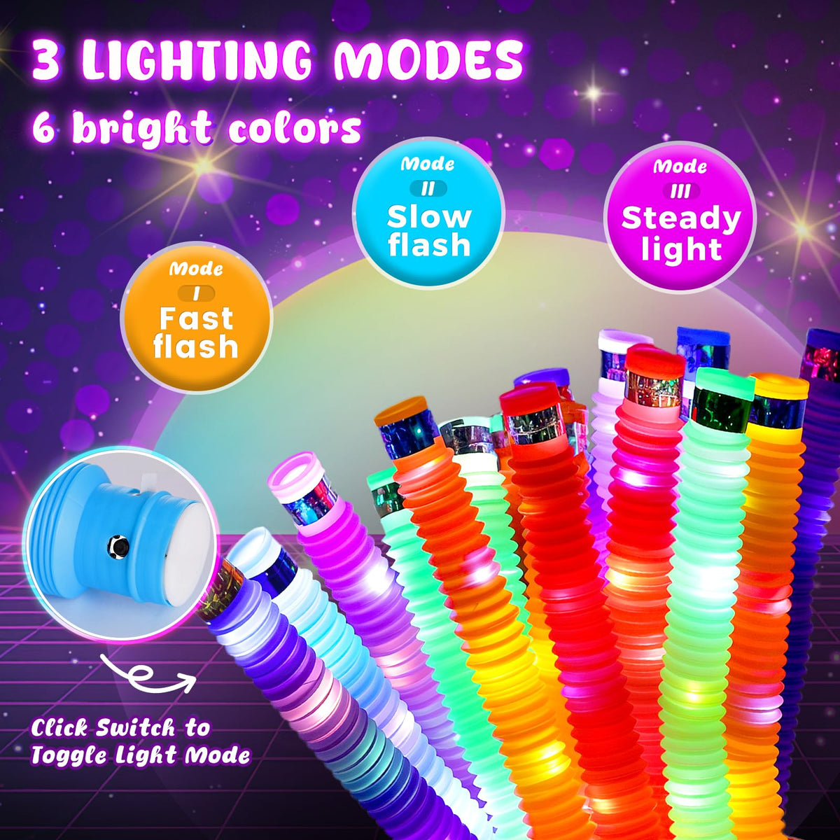 LovesTown 24Pcs Light Up Glow Sticks Pop Tubes – Glow in the Dark Party Favors for Kids