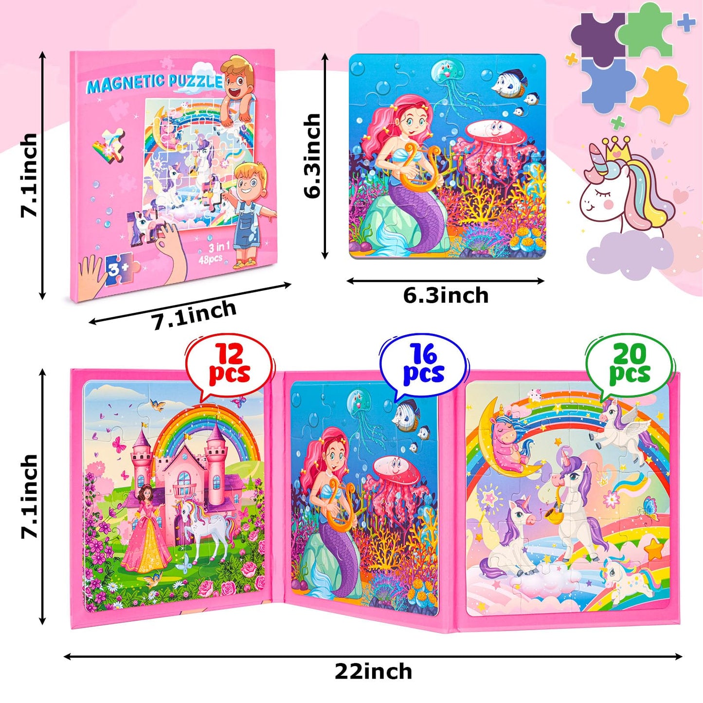 LovesTown Magnetic Puzzles for Toddlers – 3-in-1 Fairytale Travel Puzzle Book, 48 Pieces, Learning Magnets