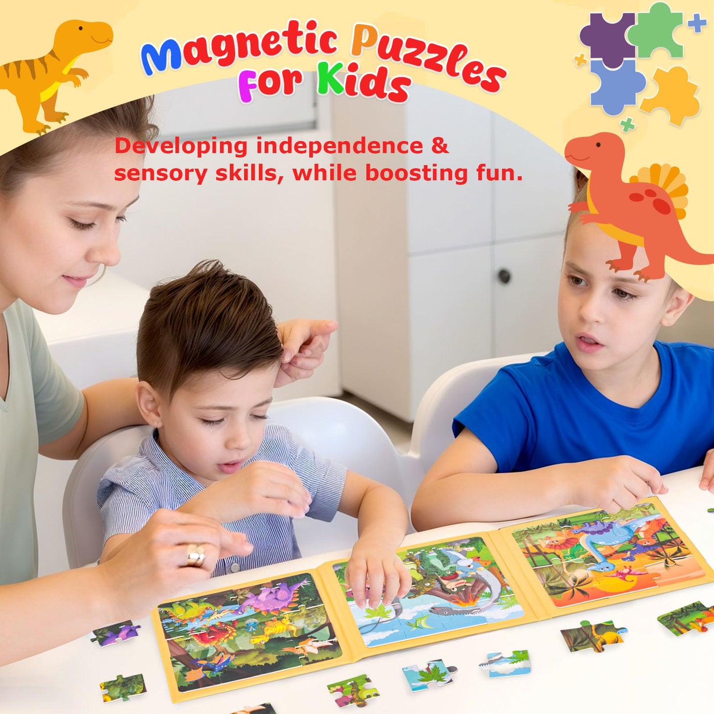 LovesTown Magnetic Puzzles Book for Toddlers – 48-Piece Dinosaur Travel Activity Set