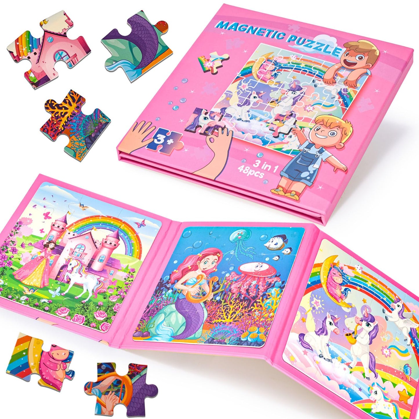 LovesTown Magnetic Puzzles for Toddlers – 3-in-1 Fairytale Travel Puzzle Book, 48 Pieces, Learning Magnets