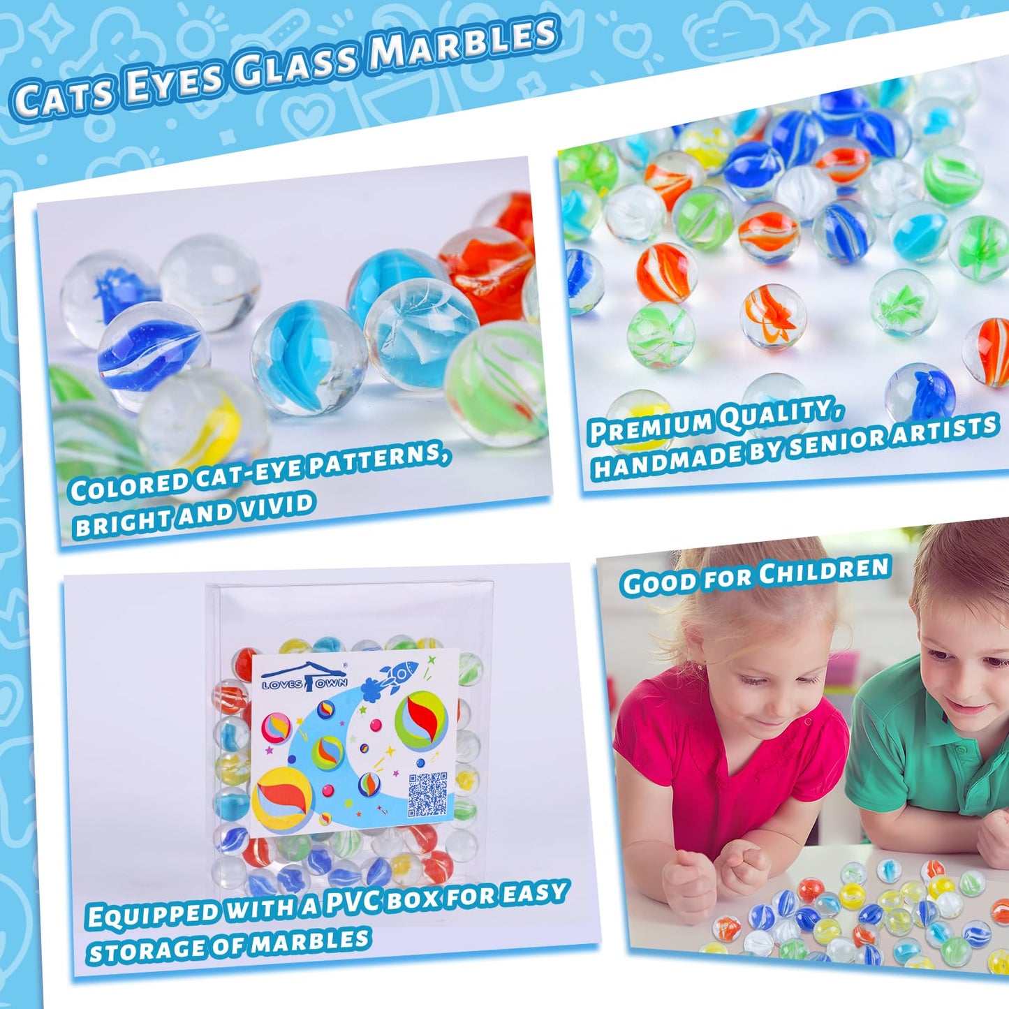 LovesTown 60PCS Glass Marbles Bulk — Cat-Eye Styles for Kids' Games & Home Decor