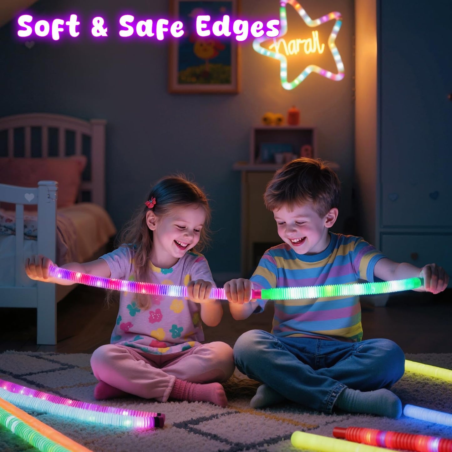 LovesTown 24Pcs Light Up Glow Sticks Pop Tubes – Glow in the Dark Party Favors for Kids