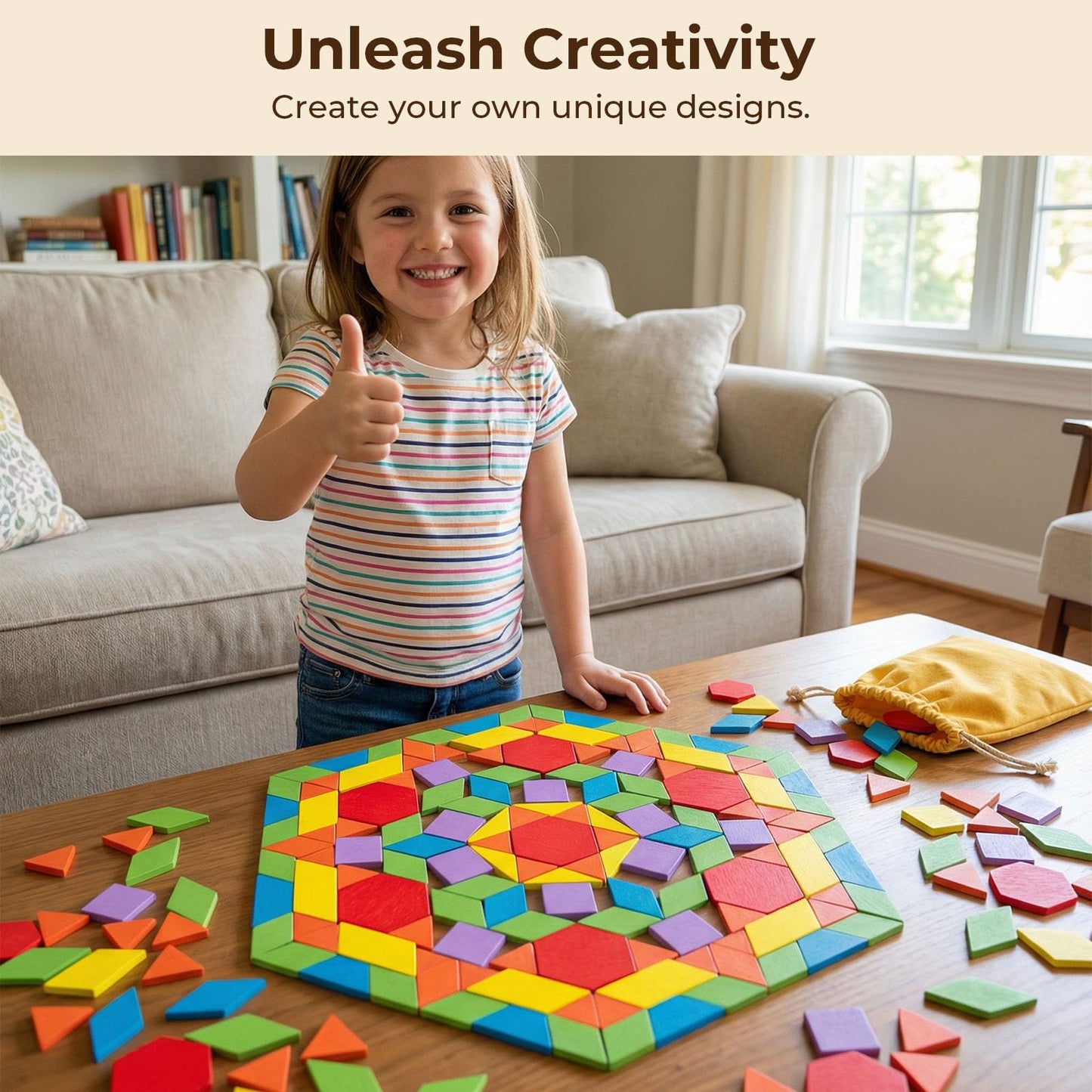 LovesTown 209-Piece Shapes Wooden Pattern Blocks for Kids | Educational Tangram Set