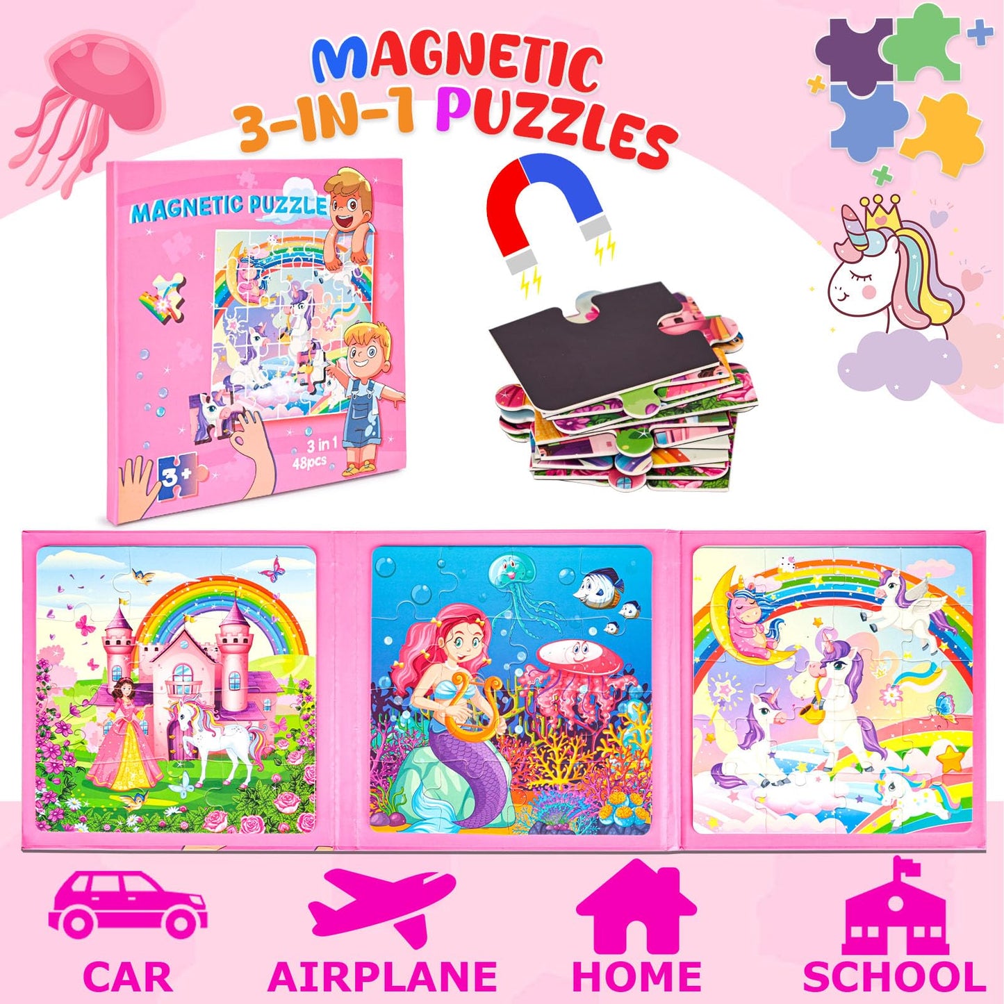 LovesTown Magnetic Puzzles for Toddlers – 3-in-1 Fairytale Travel Puzzle Book, 48 Pieces, Learning Magnets