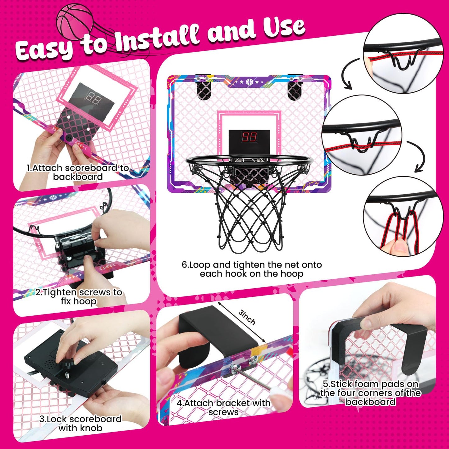 LovesTown Pink Indoor Mini Basketball Hoop – Over-the-Door with LED Lights & Scoreboard