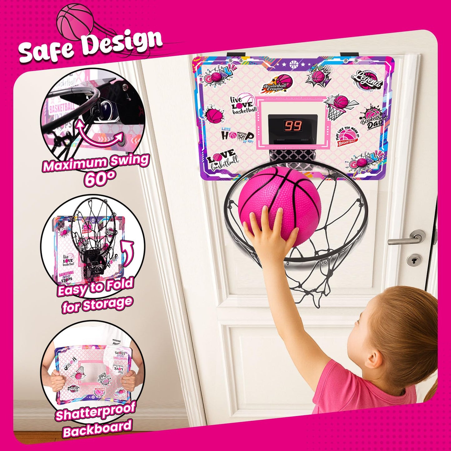 LovesTown Pink Indoor Mini Basketball Hoop – Over-the-Door with LED Lights & Scoreboard