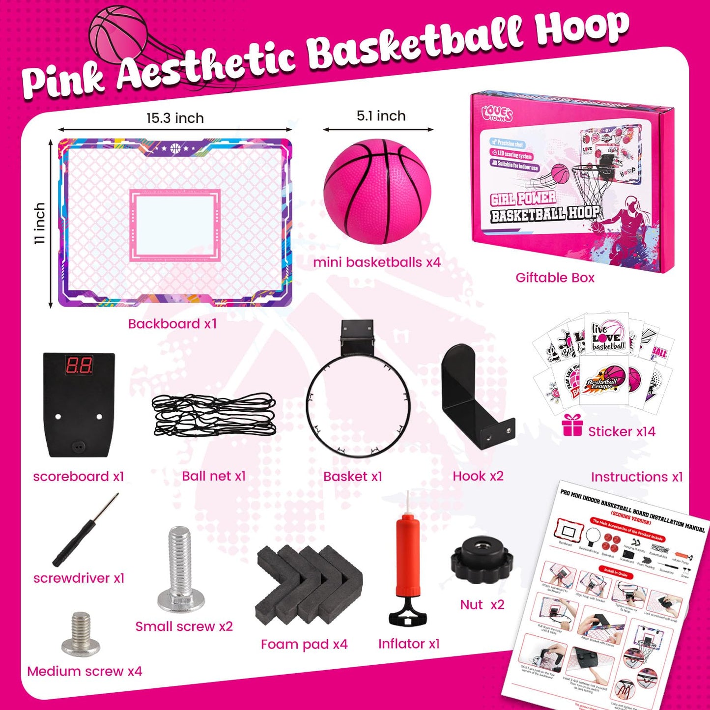 LovesTown Pink Indoor Mini Basketball Hoop – Over-the-Door with LED Lights & Scoreboard