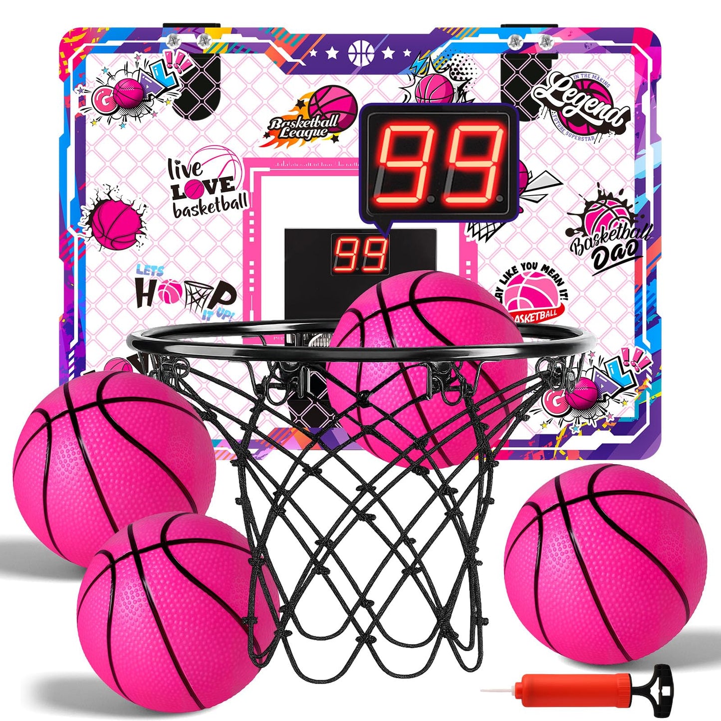 LovesTown Pink Indoor Mini Basketball Hoop – Over-the-Door with LED Lights & Scoreboard