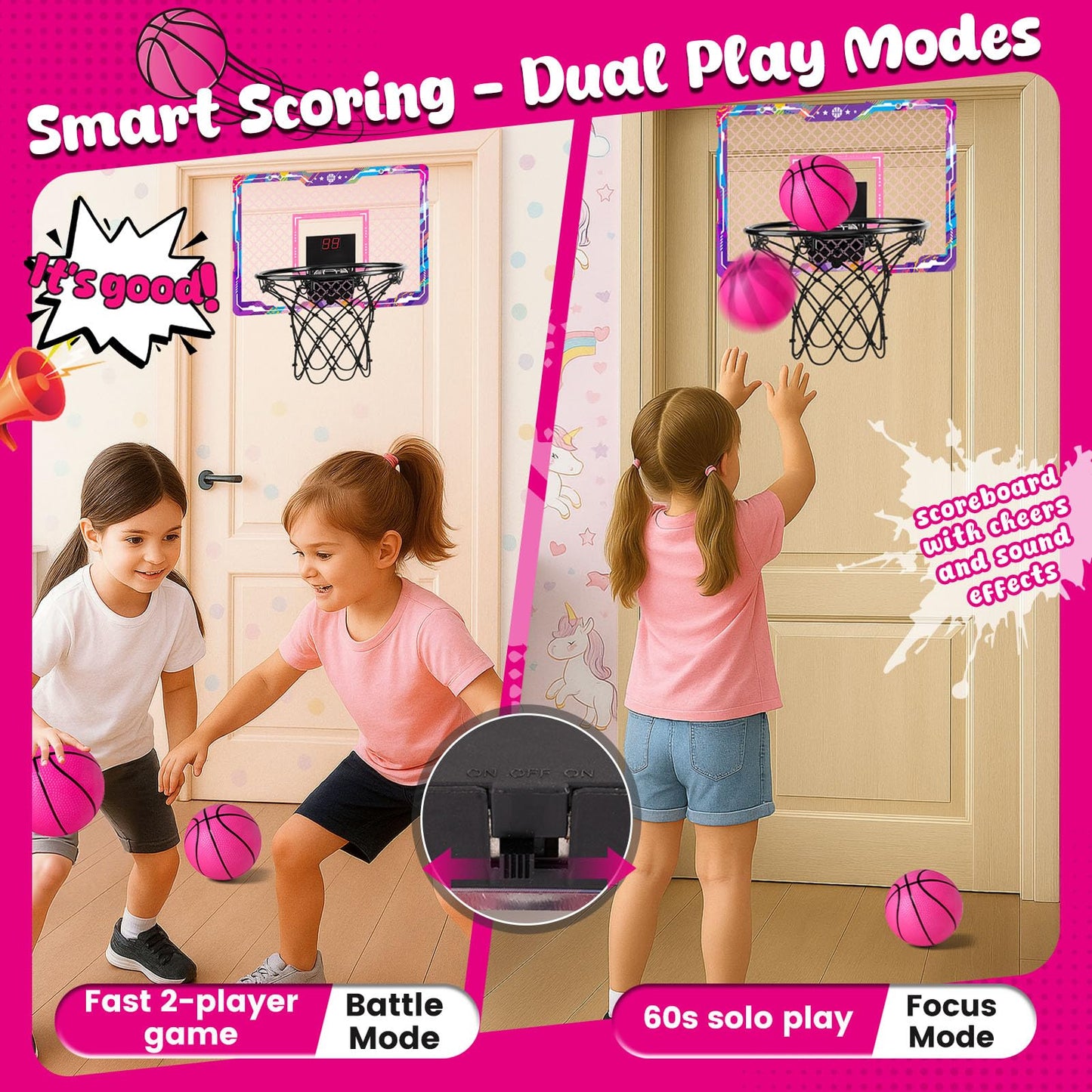 LovesTown Pink Indoor Mini Basketball Hoop – Over-the-Door with LED Lights & Scoreboard