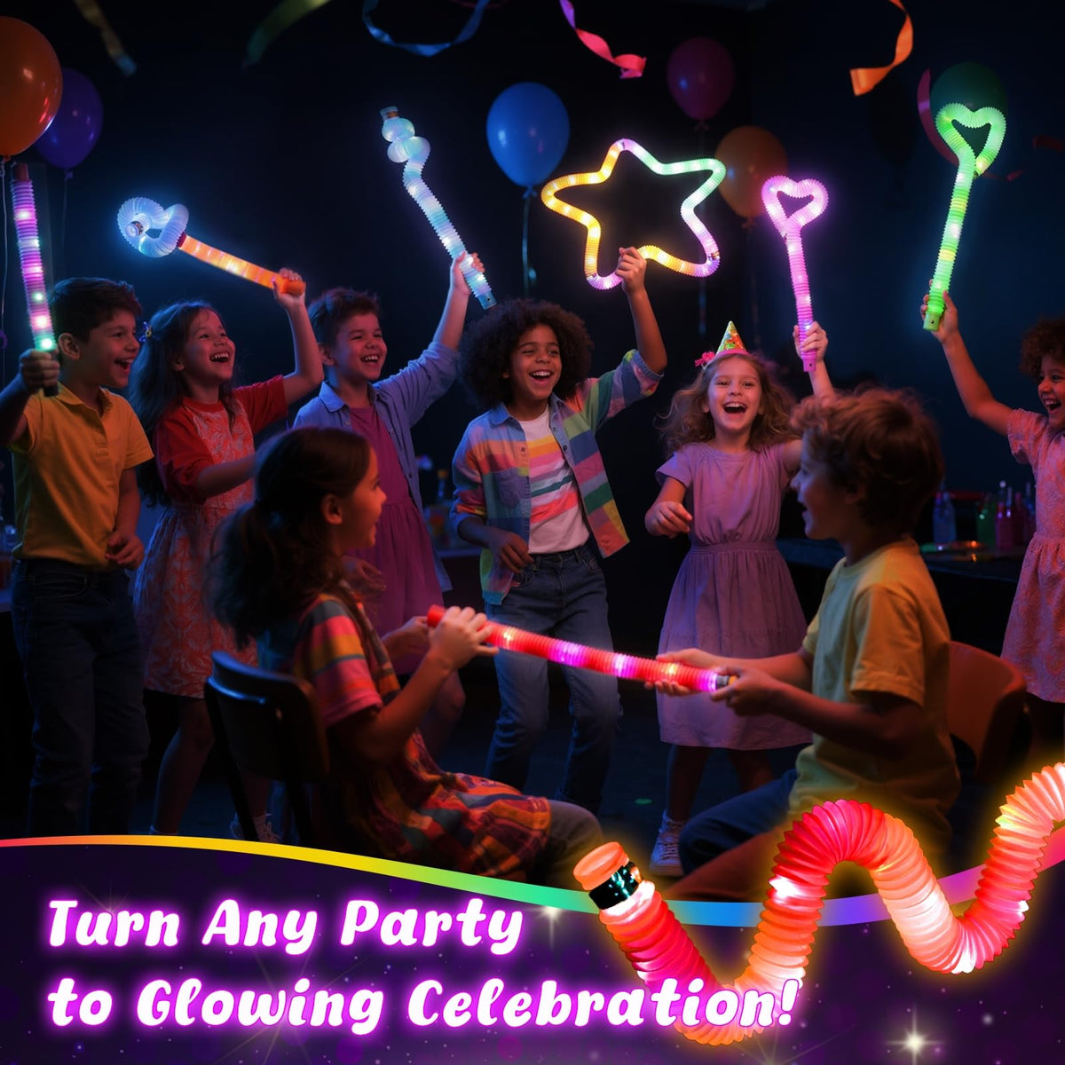 LovesTown 24Pcs Light Up Glow Sticks Pop Tubes – Glow in the Dark Party Favors for Kids