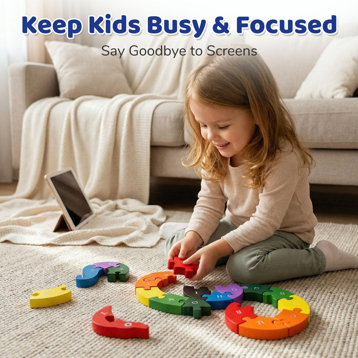 LovesTown Double-Sided Wooden Snake Puzzle — Alphabet & Numbers for Toddlers | Montessori Gift