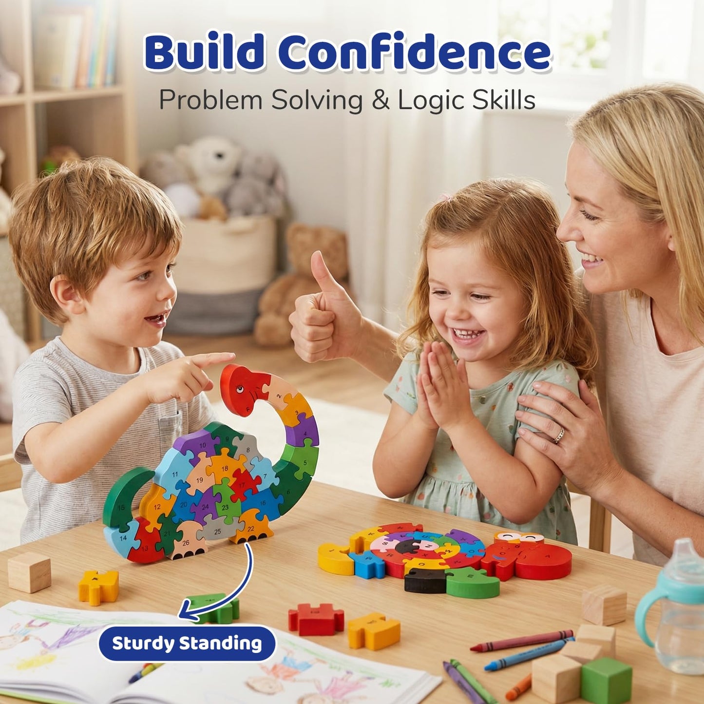 LovesTown Wooden Puzzles for Kids – Dino & Snail 2-Pack, Alphabet & Numbers, Montessori Toy