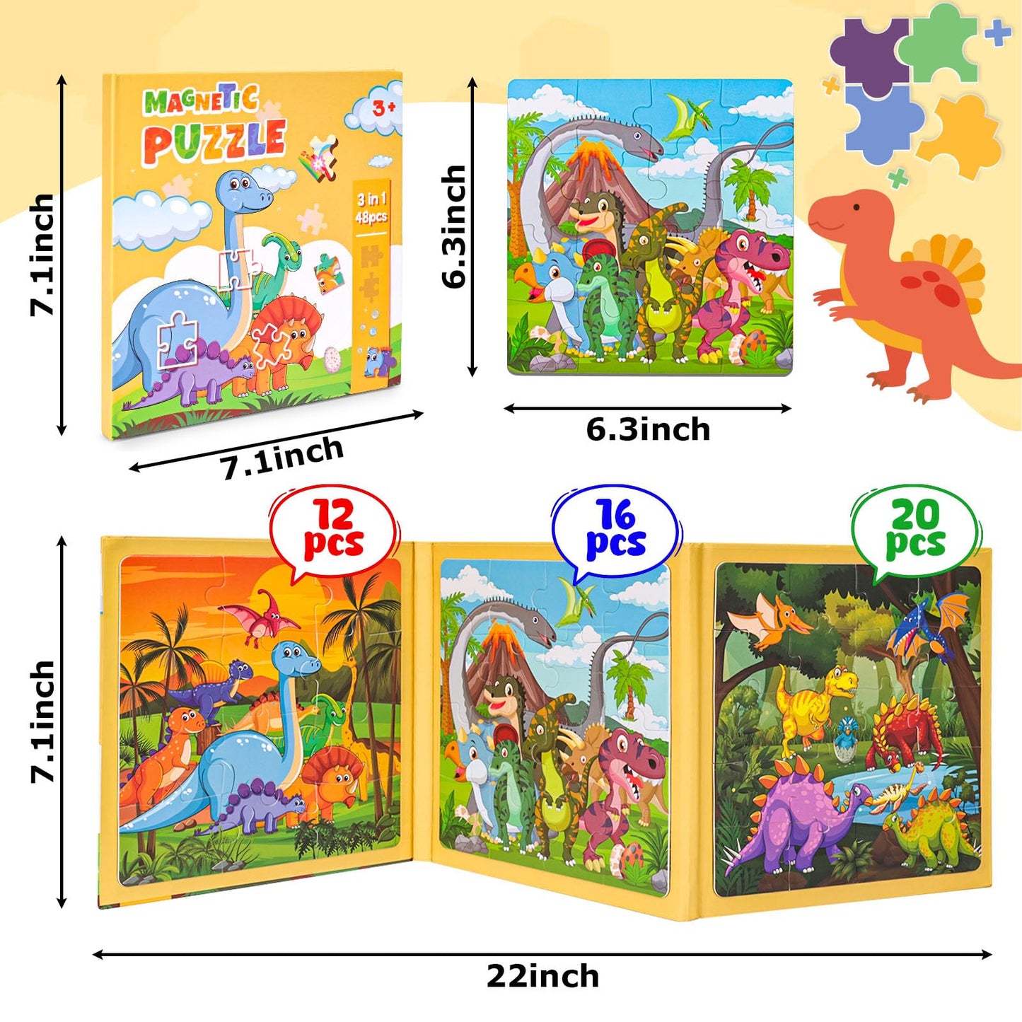 LovesTown Magnetic Puzzles Book for Toddlers – 48-Piece Dinosaur Travel Activity Set