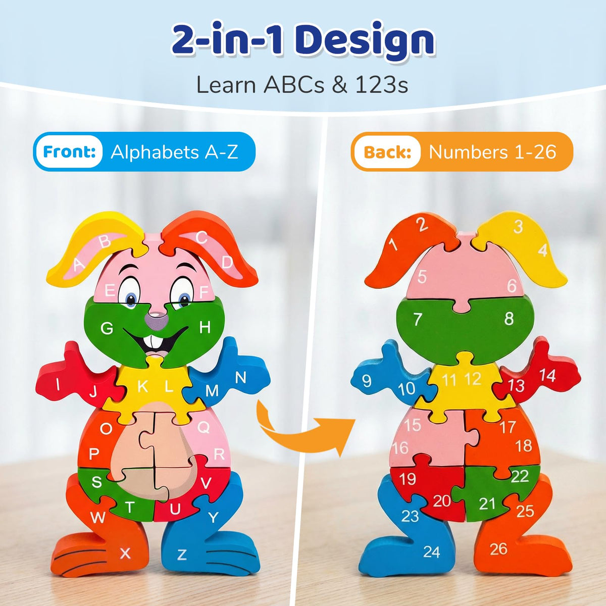 LovesTown Double-Sided Rabbit Jigsaw – Alphabet & Numbers Wooden Puzzle for Toddlers