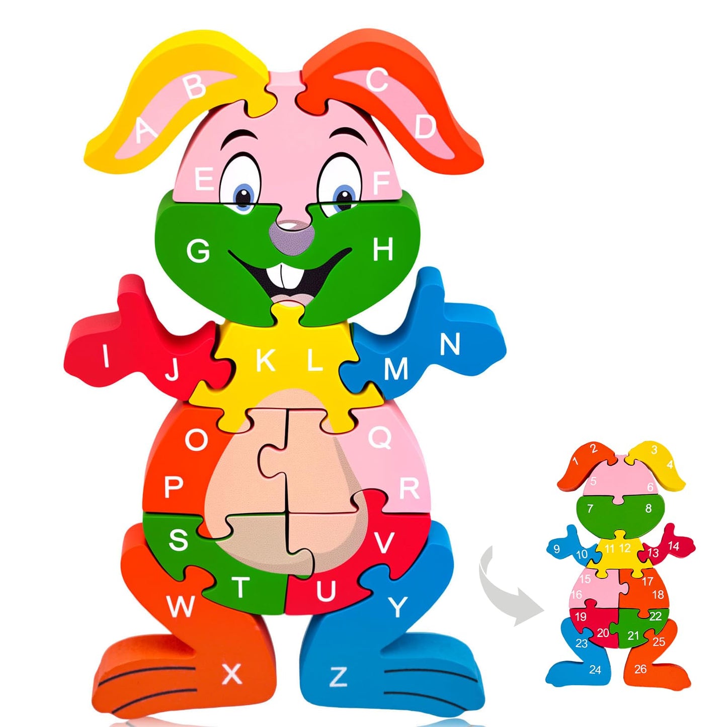 LovesTown Double-Sided Rabbit Jigsaw – Alphabet & Numbers Wooden Puzzle for Toddlers
