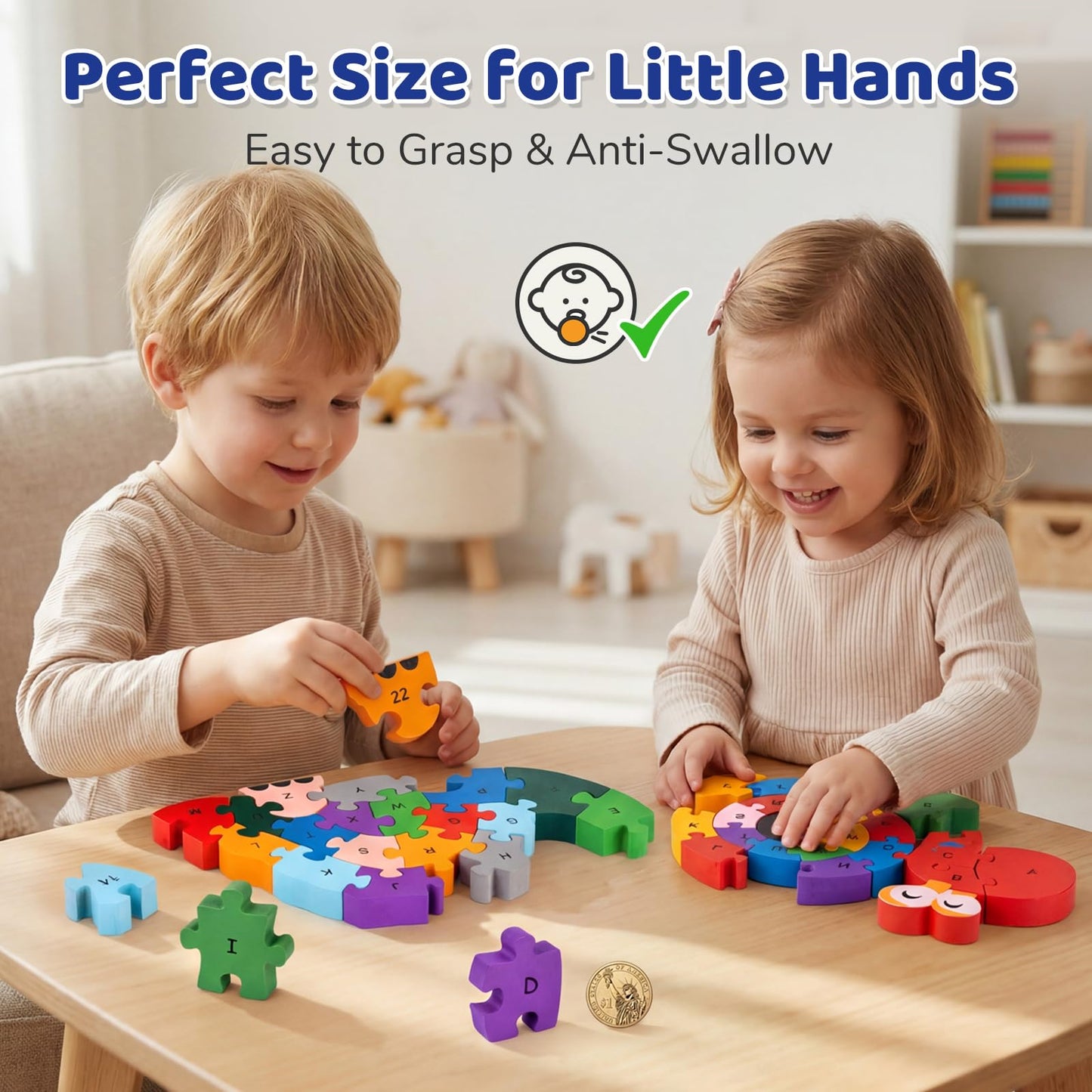 LovesTown Wooden Puzzles for Kids – Dino & Snail 2-Pack, Alphabet & Numbers, Montessori Toy