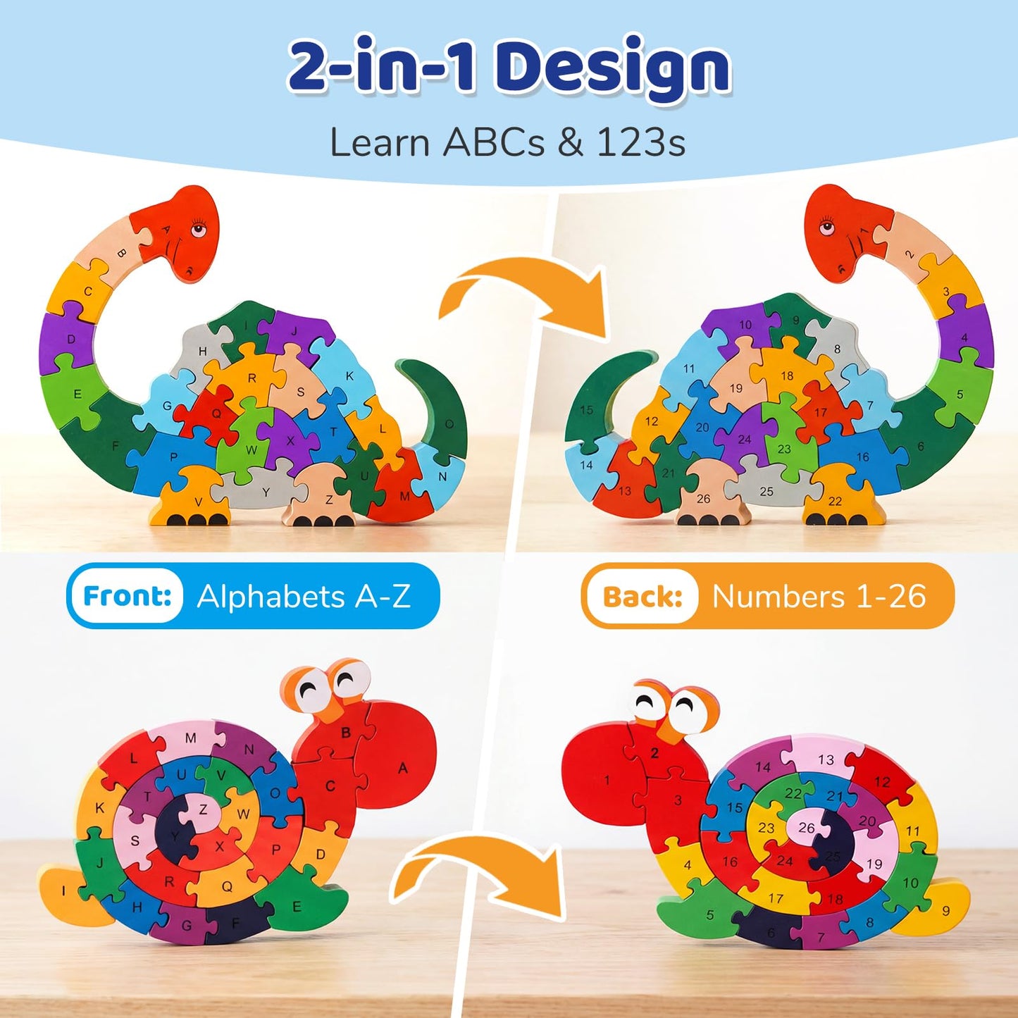 LovesTown Wooden Puzzles for Kids – Dino & Snail 2-Pack, Alphabet & Numbers, Montessori Toy
