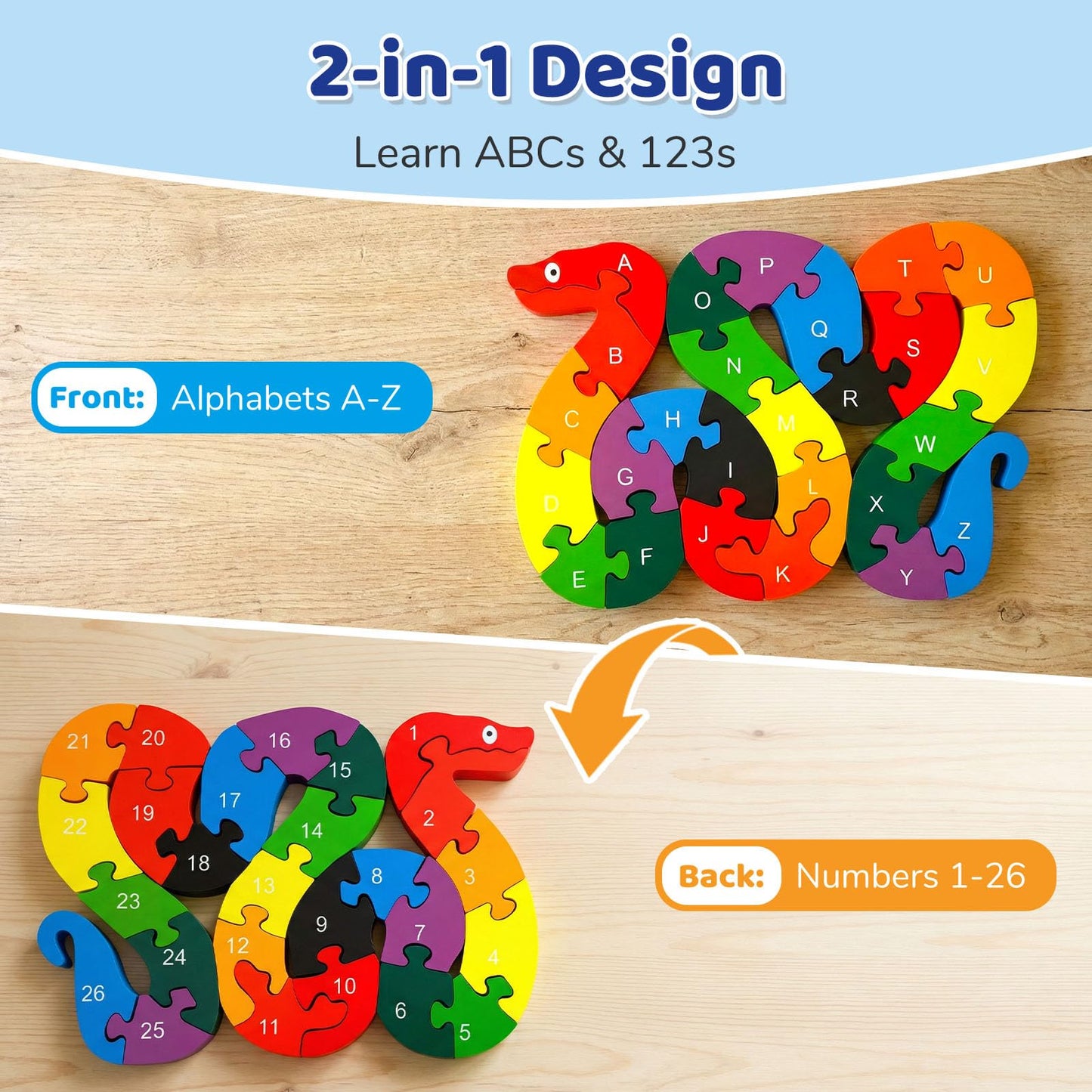 LovesTown Double-Sided Wooden Snake Puzzle — Alphabet & Numbers for Toddlers | Montessori Gift