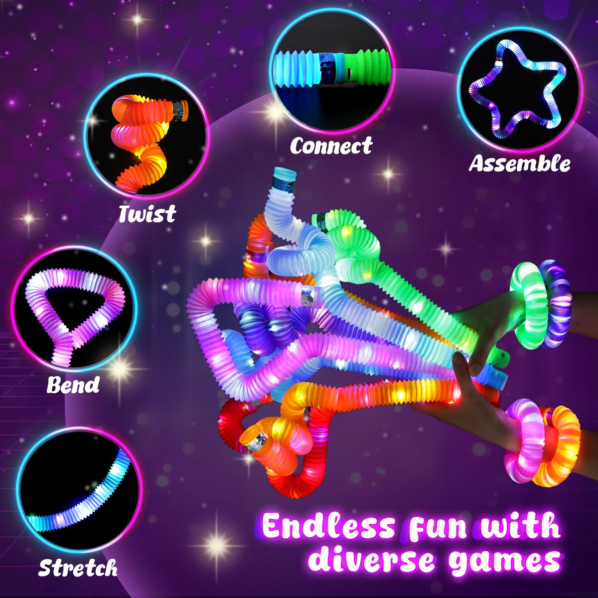 LovesTown 24Pcs Light Up Glow Sticks Pop Tubes – Glow in the Dark Party Favors for Kids