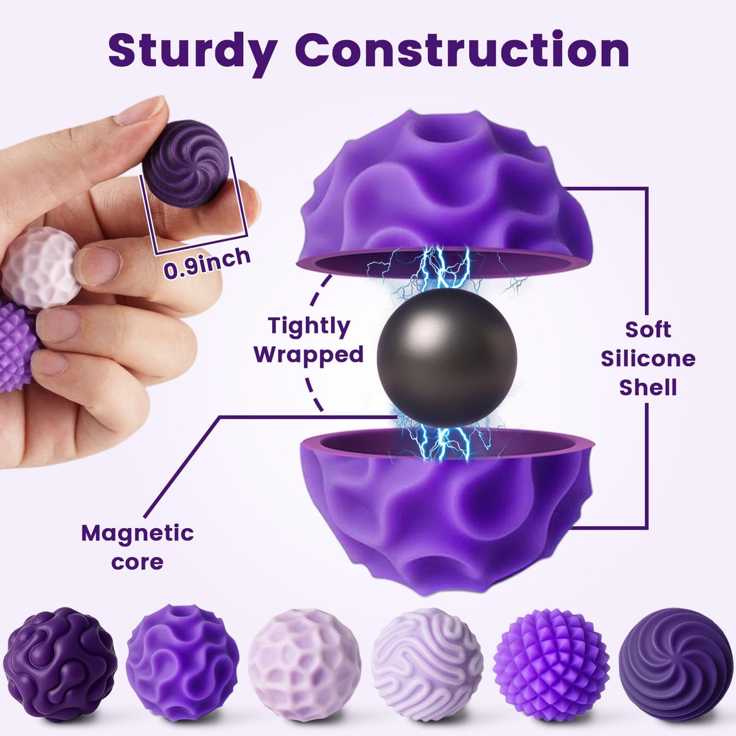 LovesTown 6PCS Silicone Magnetic Fidget Balls – Textured Stress Relief Toys (Purple)