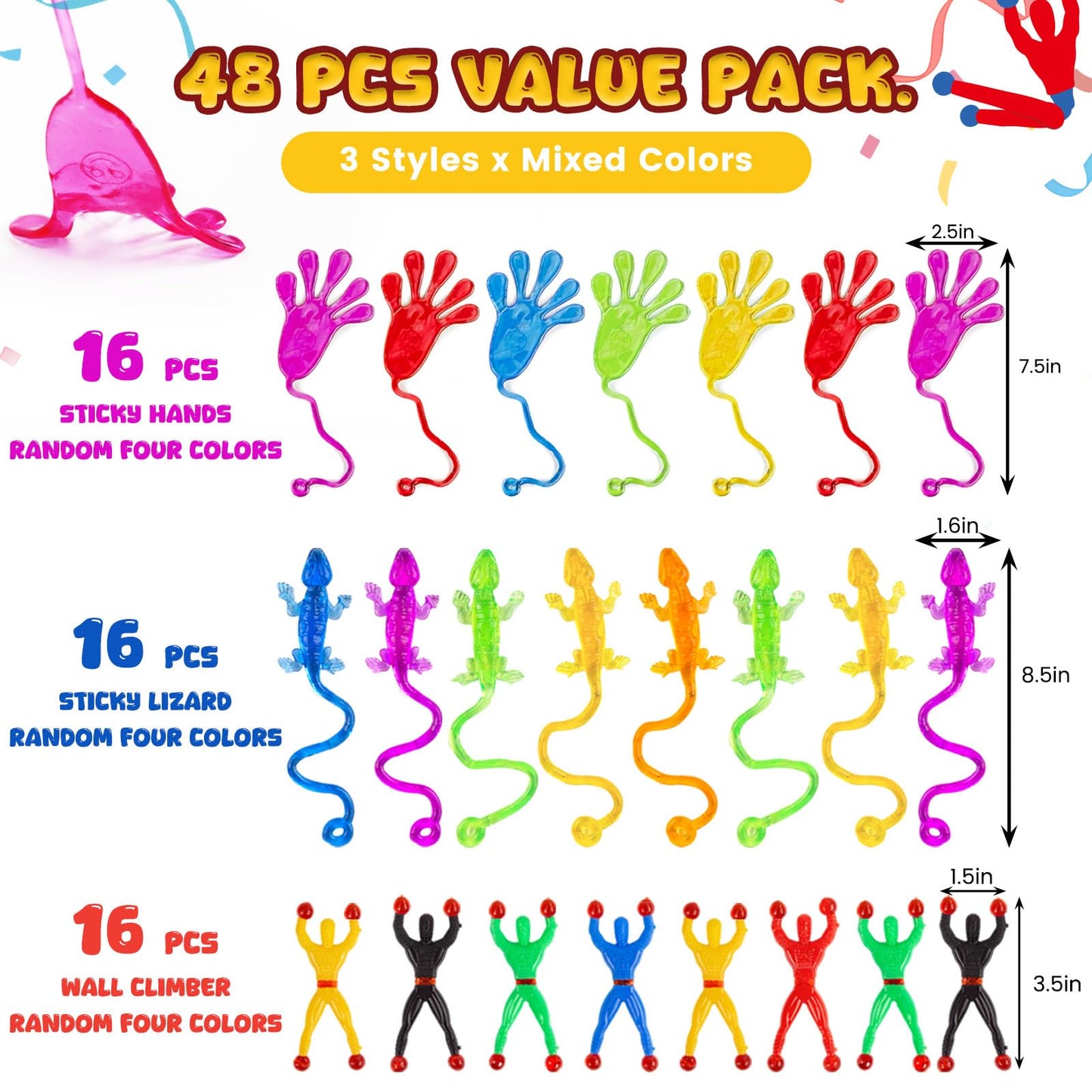LovesTown 48PCS Party Favors for Kids – 16 Wall Climbers, 16 Sticky Hands & 16 Stretchy Lizards | Classroom Prizes & Stocking Stuffers