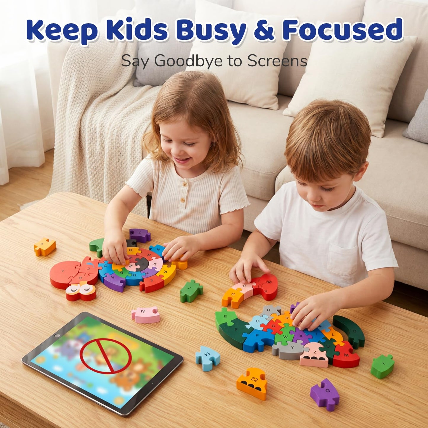 LovesTown Wooden Puzzles for Kids – Dino & Snail 2-Pack, Alphabet & Numbers, Montessori Toy
