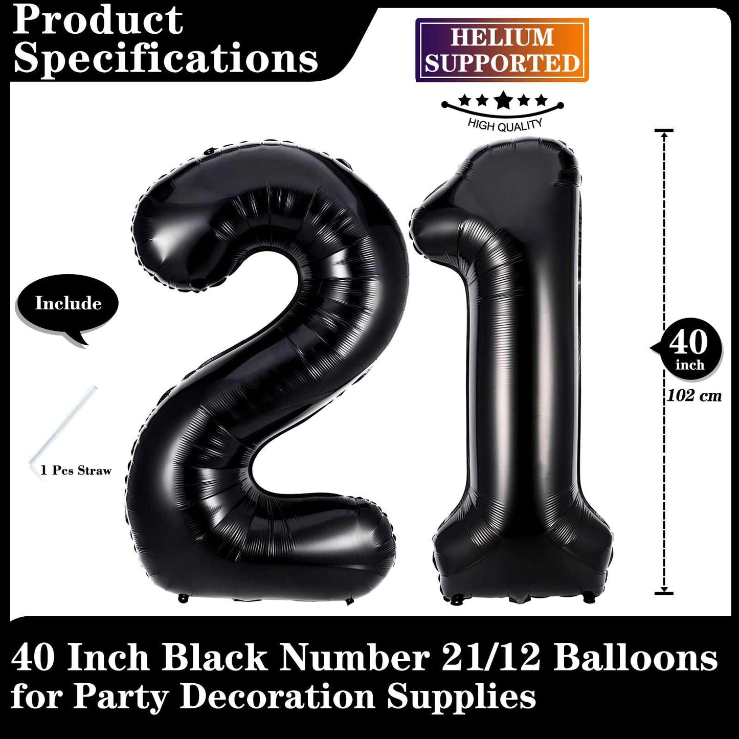 Lovoir Black 21 Number Balloons – 40-Inch Giant Foil Mylar 21st Birthday Party Decor