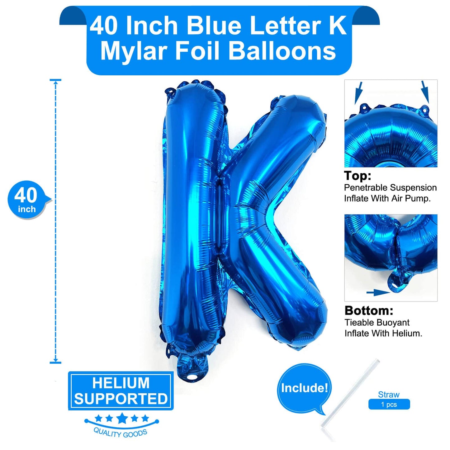 Lovoir 40-Inch Blue Letter K Balloon — Jumbo Mylar Foil Alphabet for Birthday Parties