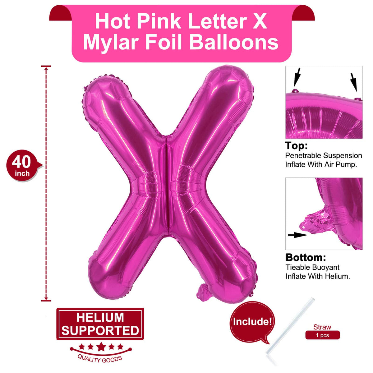 Lovoir 40 Inch Large Hot Pink Letter X Balloon | Jumbo Mylar Foil Balloon for Birthday Party Decor