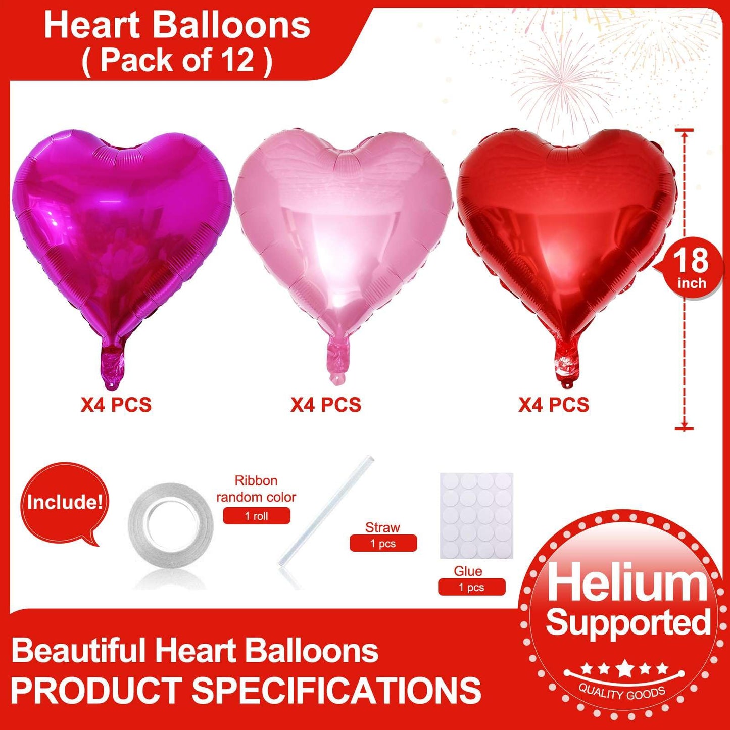 Lovoir 12 Pcs Red Heart Foil Mylar Balloons – 18in Valentine’s Day Romantic Decor (Red, Pearl Pink & Hot Pink)