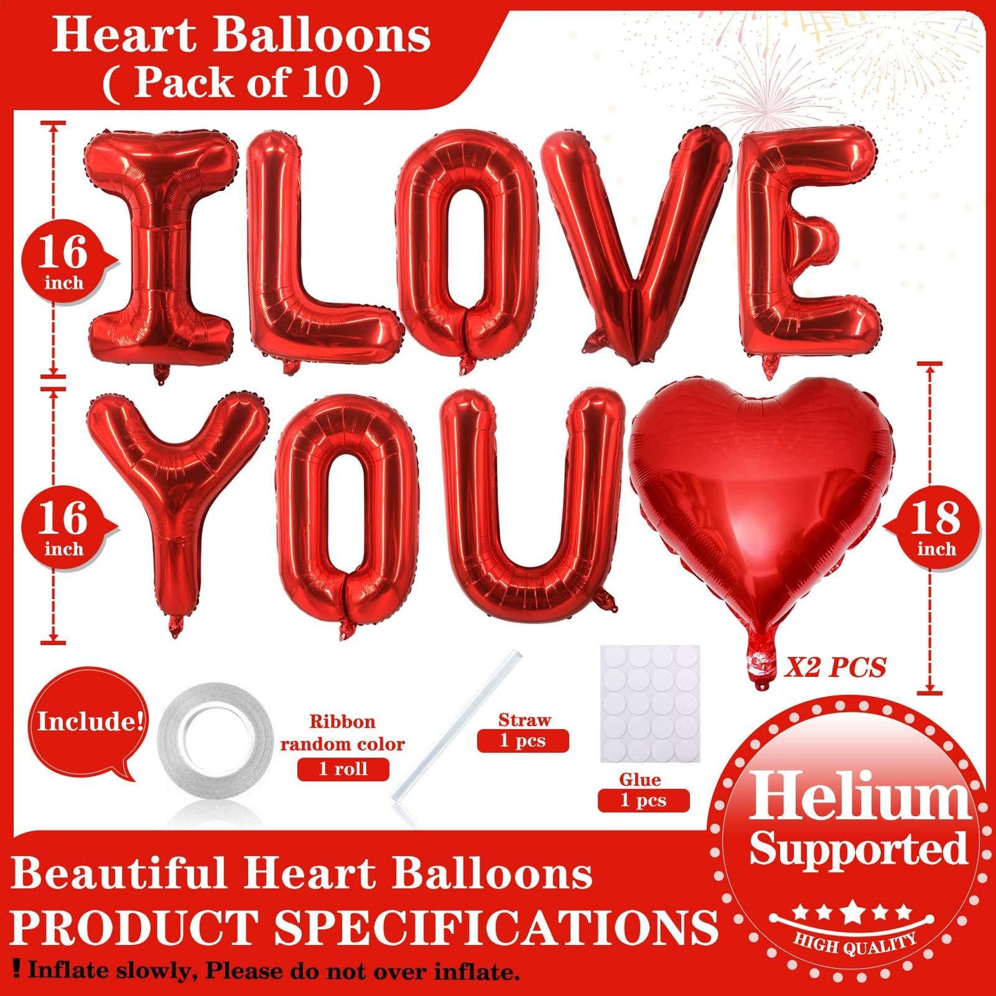 Lovoir 16-Inch Red I LOVE YOU Balloons – 10 Pcs, Valentine’s Day Banner for Weddings & Parties