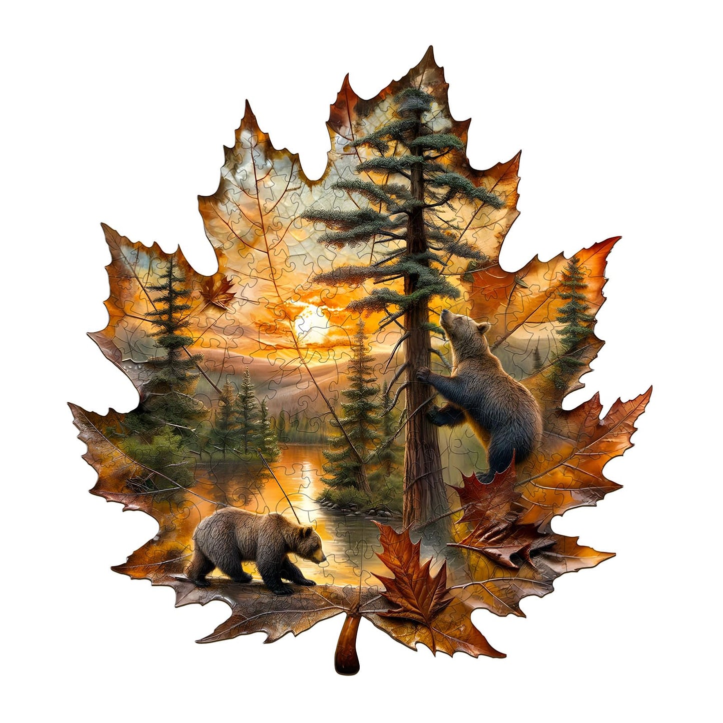Lovpippi Wooden Jigsaw Puzzle for Adults – Brown Bear Autumn Maple Leaf, 155 Pieces