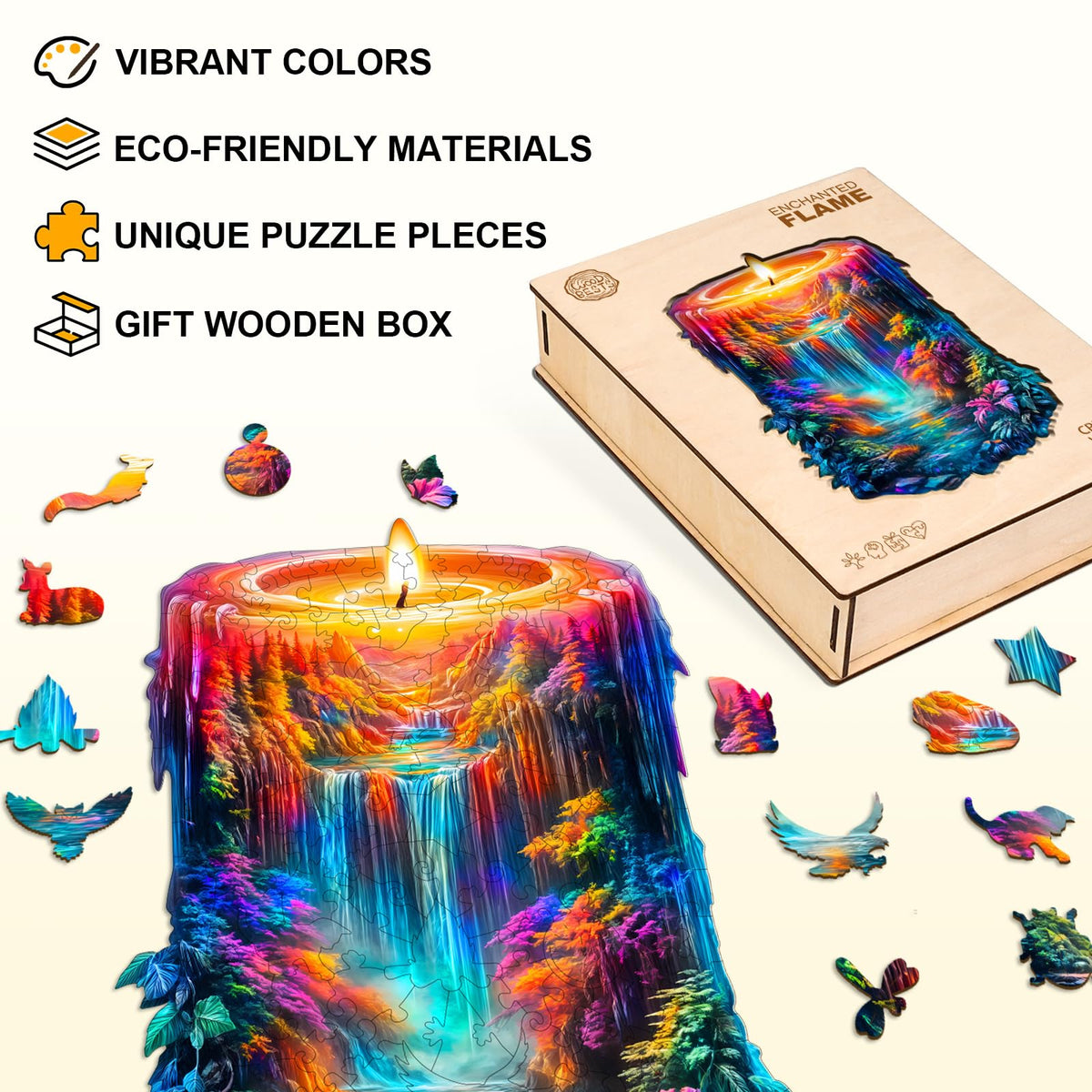 Lovpippi Enchanted Flame Wooden Puzzle – 85-Piece Animal-Shaped Jigsaw for Adults