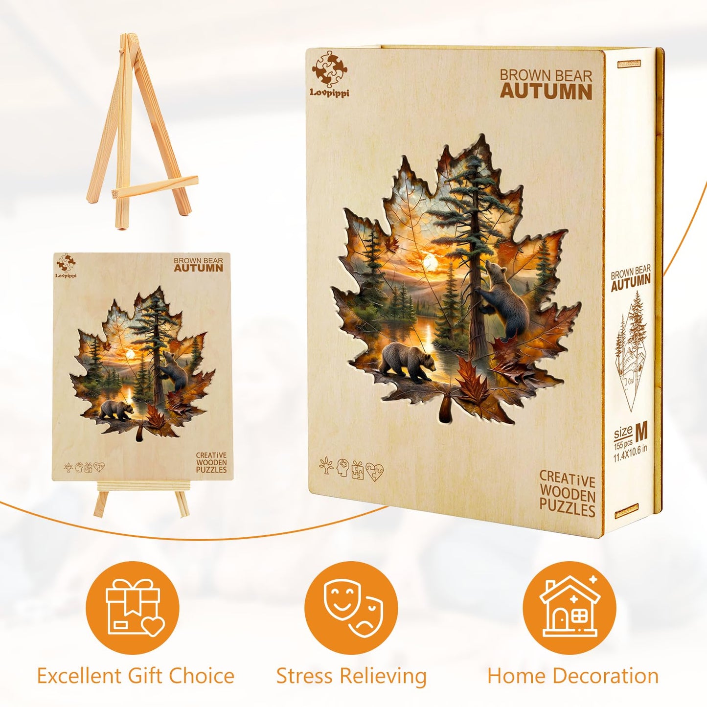 Lovpippi Wooden Jigsaw Puzzle for Adults – Brown Bear Autumn Maple Leaf, 155 Pieces
