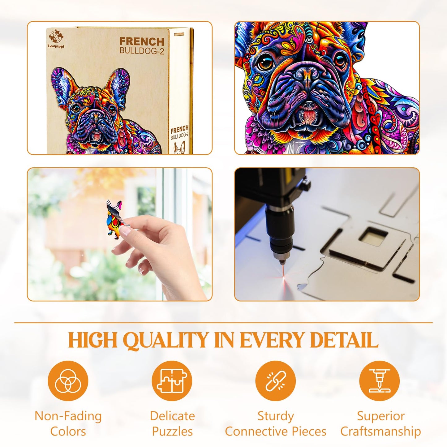 Lovpippi Wooden Puzzle for Adults – French Bulldog 200-Piece Jigsaw (11.4 x 10.9 in)
