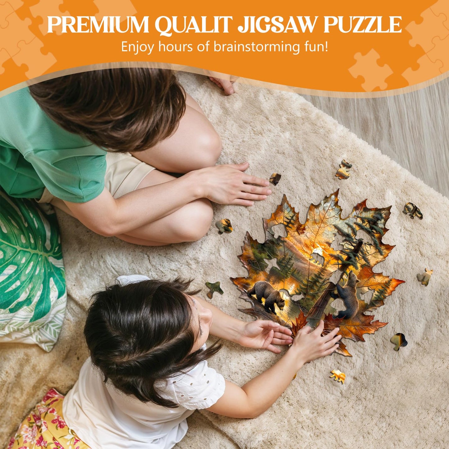 Lovpippi Wooden Jigsaw Puzzle for Adults – Brown Bear Autumn Maple Leaf, 155 Pieces