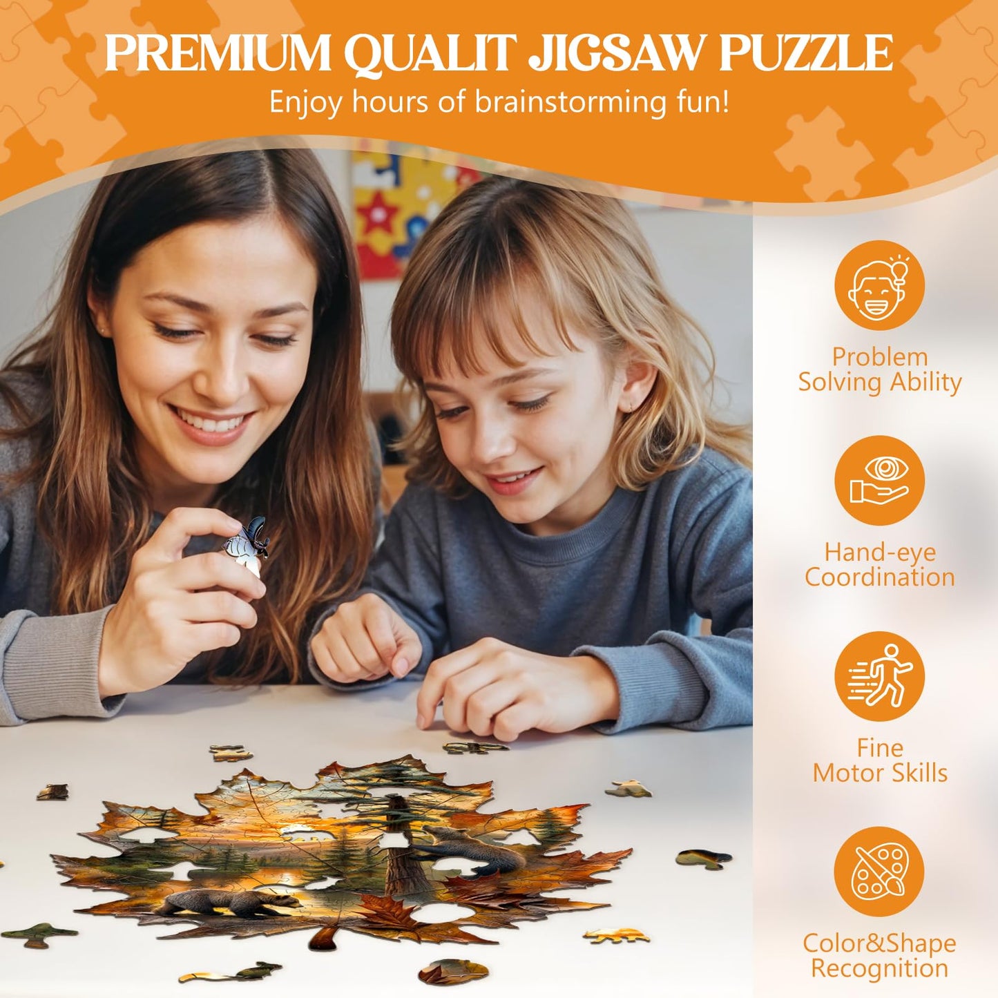 Lovpippi Wooden Jigsaw Puzzle for Adults – Brown Bear Autumn Maple Leaf, 155 Pieces