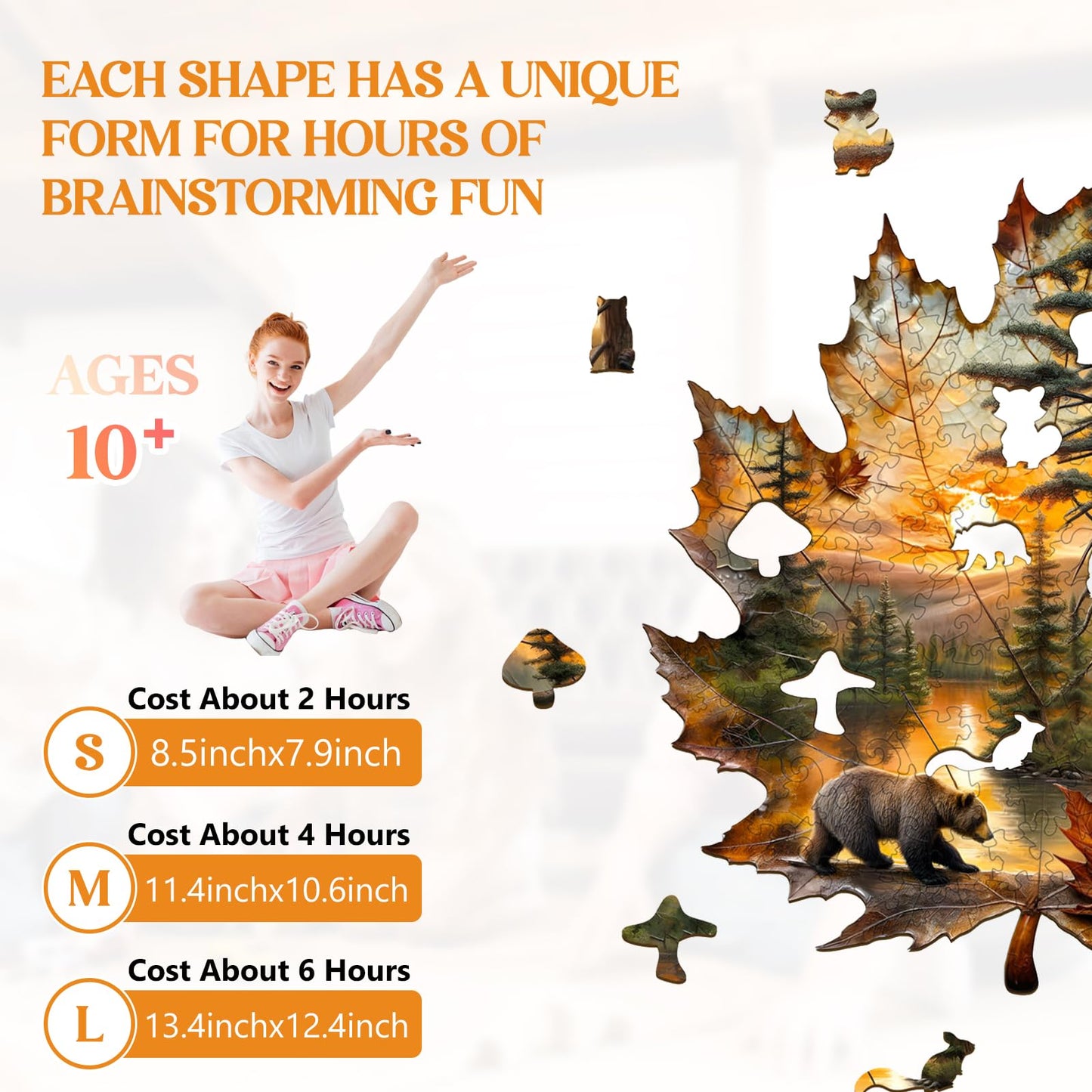 Lovpippi Wooden Jigsaw Puzzle for Adults – Brown Bear Autumn Maple Leaf, 155 Pieces