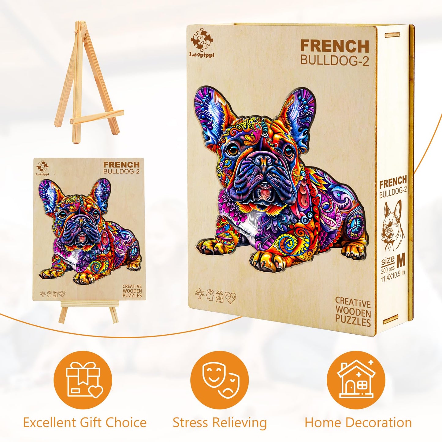 Lovpippi Wooden Puzzle for Adults – French Bulldog 200-Piece Jigsaw (11.4 x 10.9 in)