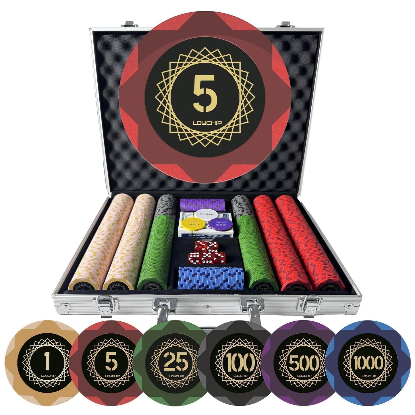 LOYCHIP 500-Piece Poker Chip Set – 14g Heavy Clay Composite, Aluminum Case, Cards & Dice